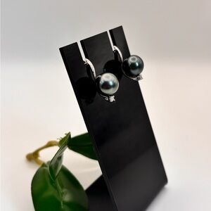 Black Tahitian Pearl and Diamond Dangle Earrings 14K White Gold
